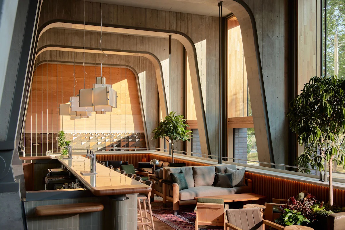 Ace Hotel Toronto lobby bar with timber architecture