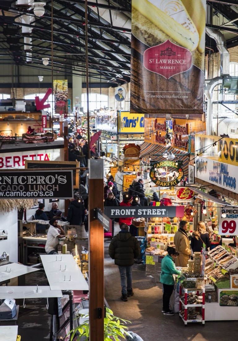 Inside the bustling St. Lawrence Market food hall